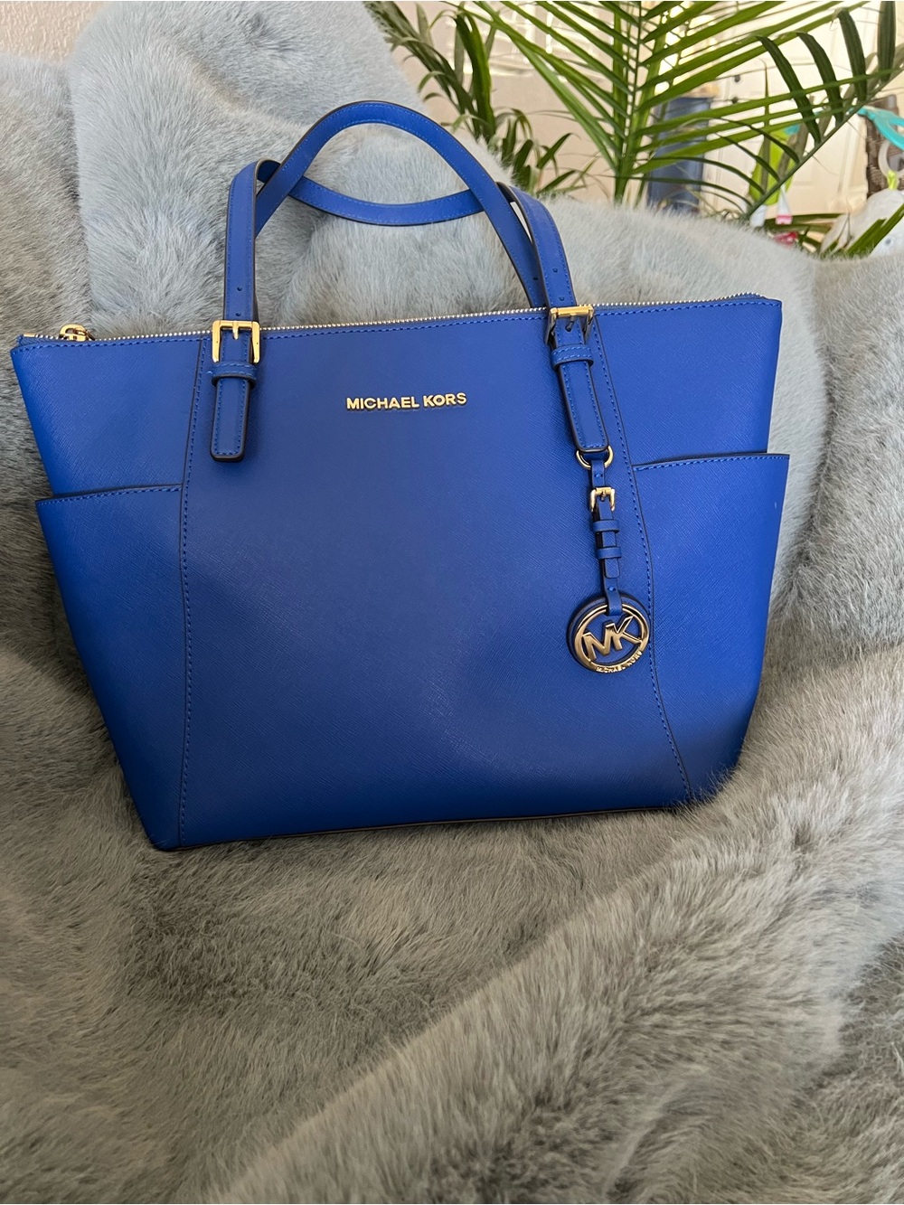 Michael Kors Electric Blue Saffiano Leather Tote with Gold MK Charm